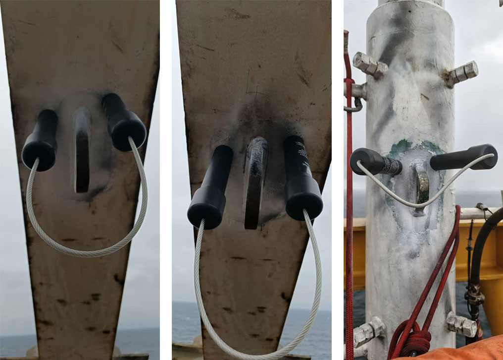 Magnestoscopie sur les oreilles de levage sur une potence sur le Rig Dagda au Gabon